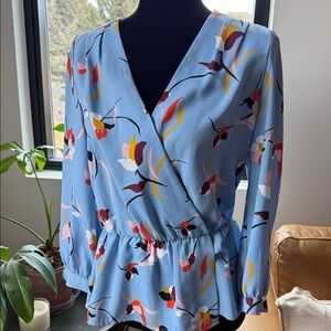 Halogen Floral V-Neck Blouse - Sky Blue and Multicolor